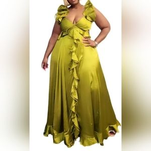 Ladies green satin maxi dress.